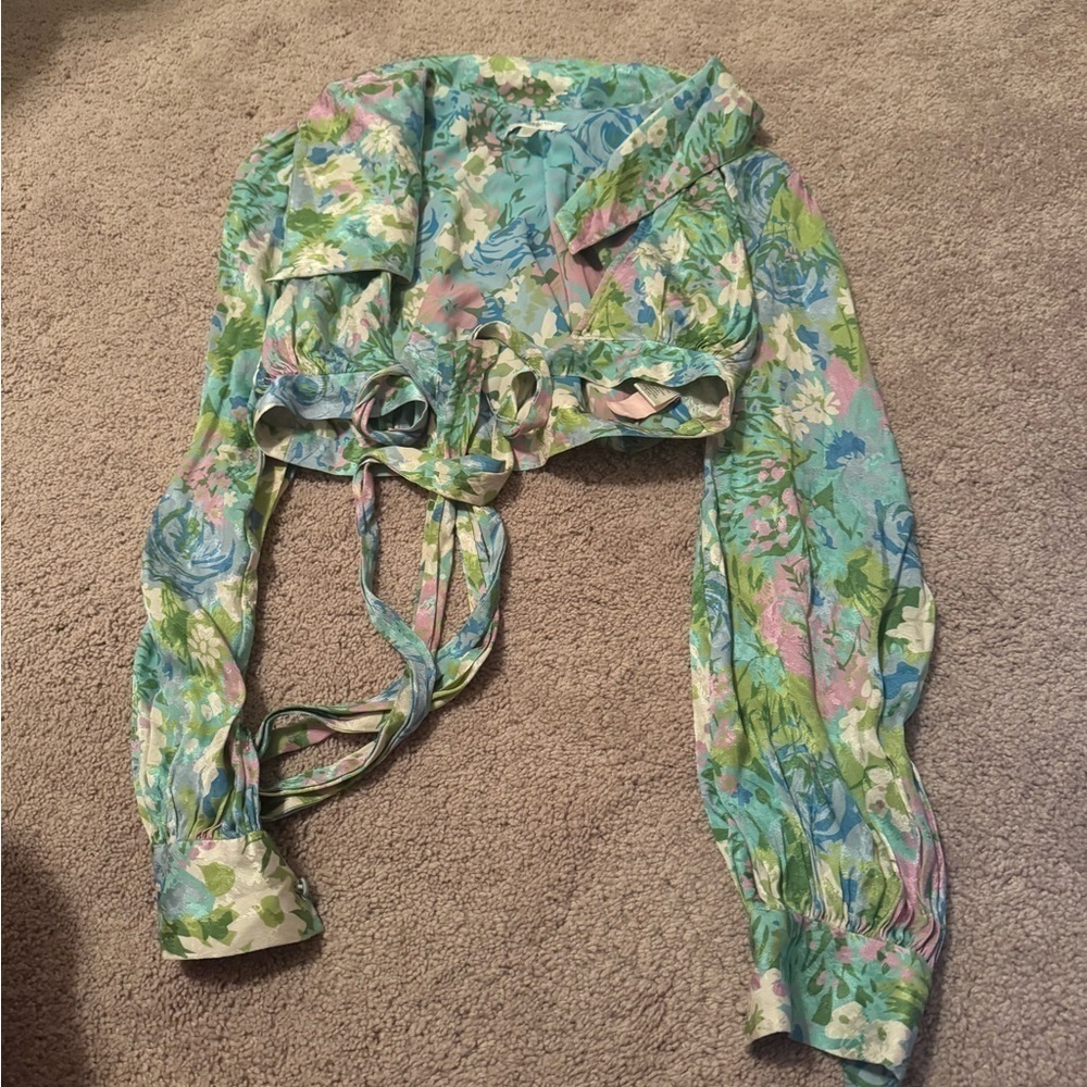 Ronny Kobo- Green and Purple Floral Demna Longsleeve Tie Cropped Top - Picture 4 of 5